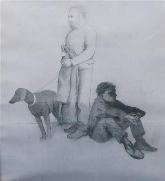 Gerald R. Jarman (British, 1930-2014) Coastal Series: Standing Man with Boy and Dog 40 x 36in.